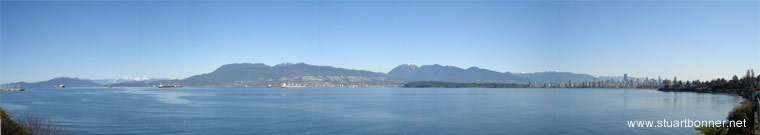 View of English Bay and mountains from Point Grey Road Park, Kitsilano, Vancouver West, BC, Canada